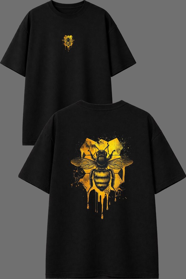 Yellow Bee Design Front and Back Printed Black Oversize T-Shirt