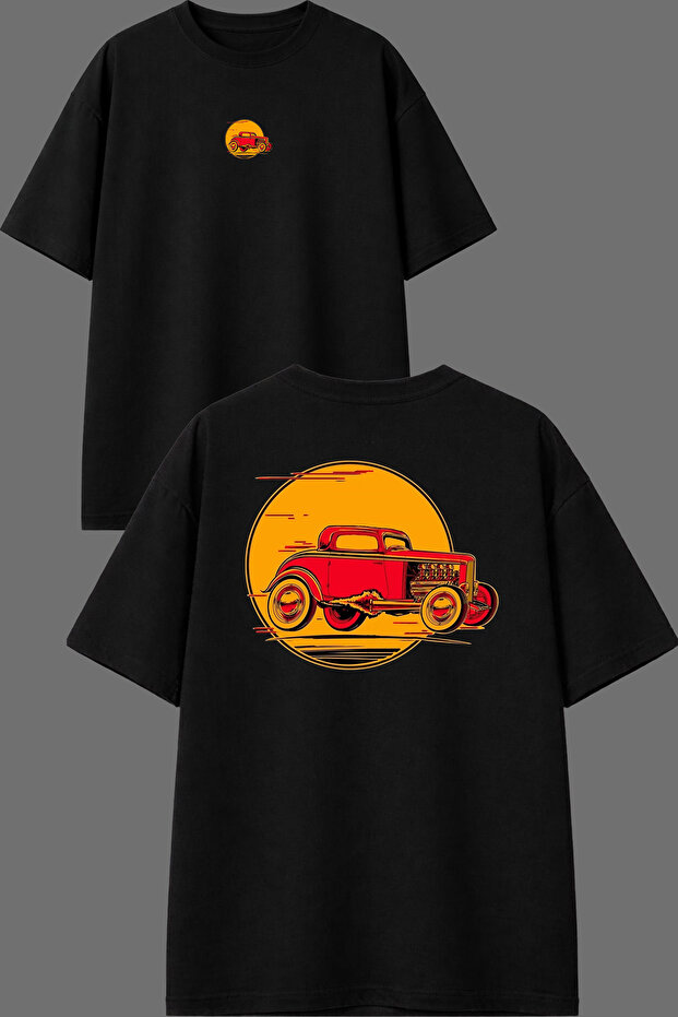 Old Red Car Design Front and Back Printed Black Oversize t Shirt