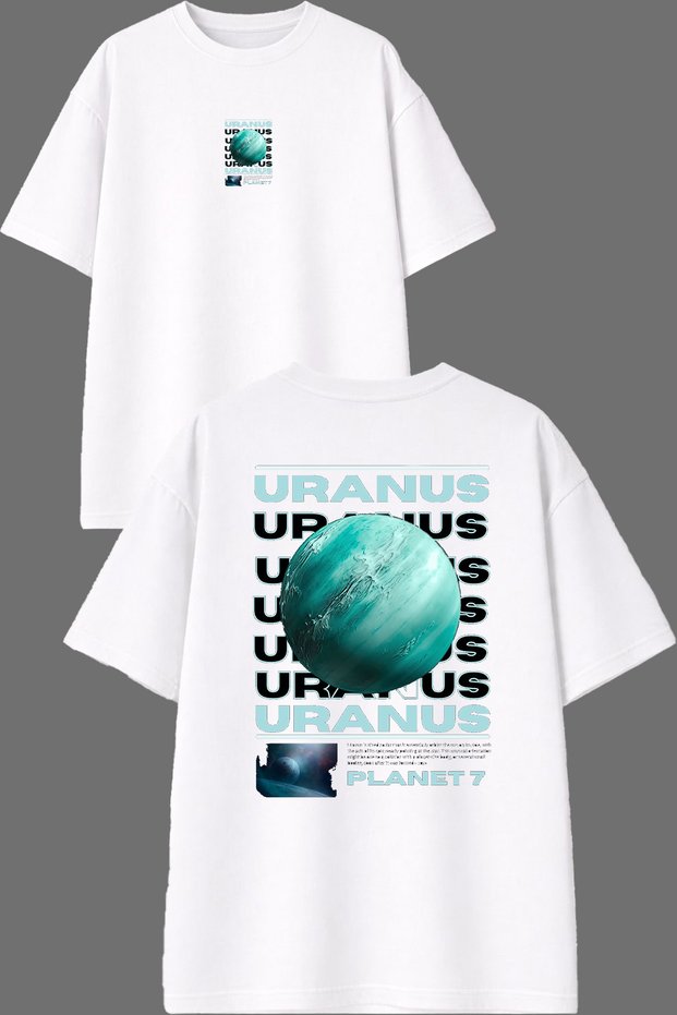 تي شيرت Uranus Uranus Design مطبوع من الأمام والخلف باللون الأبيض مقاس كبير