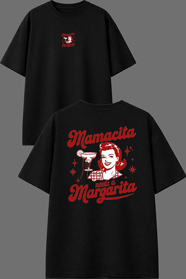 تي شيرت أسود كبير الحجم بتصميم ماماسيتا مطبوع من الأمام والخلف