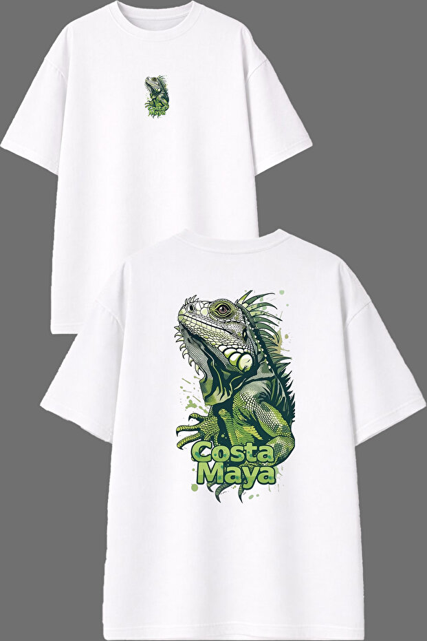 Costa Chameleon Design Front and Back Printed White Oversize T-Shirt
