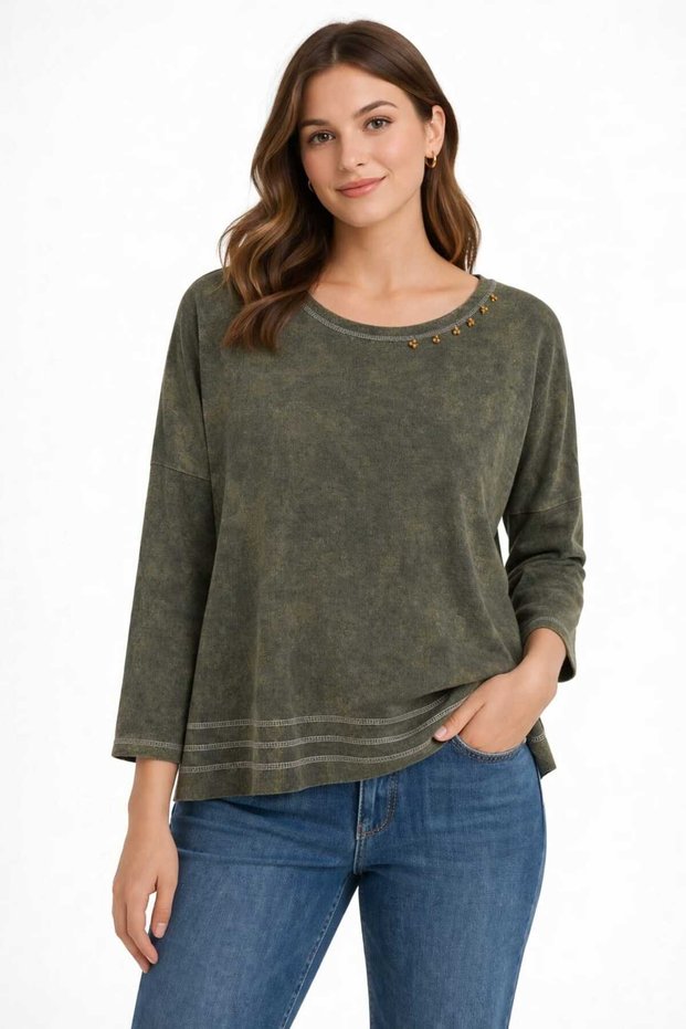 Smoked Washed Khaki Green Loose Cut Vintage Bluz / Long Sleeved T-Shirt