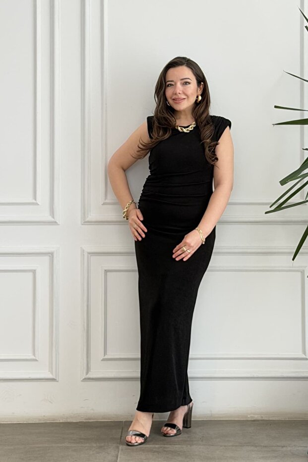 Padded Long Dress with Gathered Detail