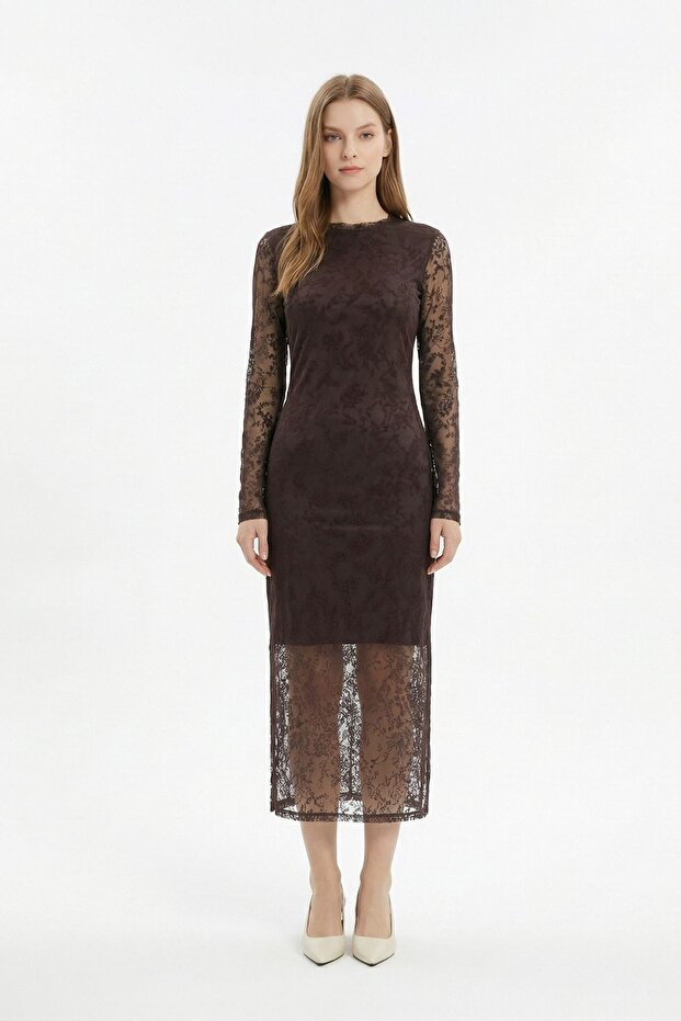 Rochie lungă maro tip creion 8517A - 3