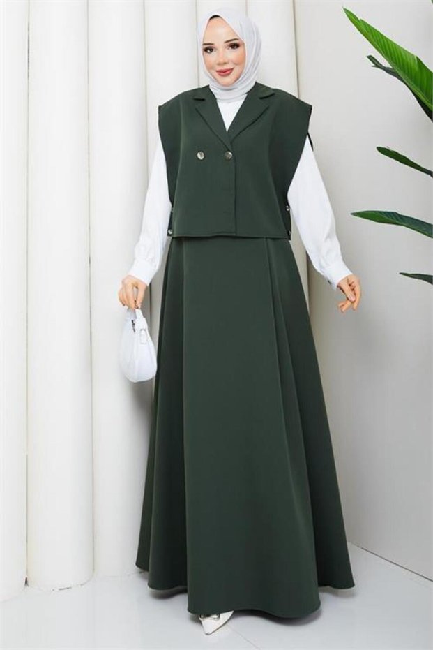 Women's Green Button Detailed Vest Blouse Skirt Triple Hijab Set Nbft007