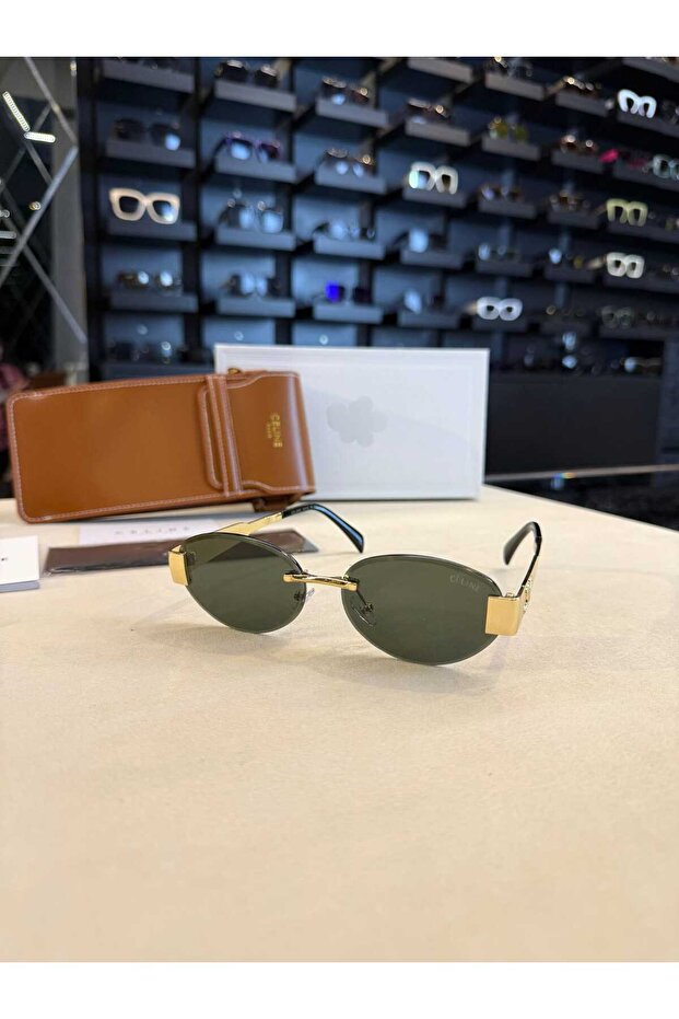 Green Glass Detail Gold Sunglasses
