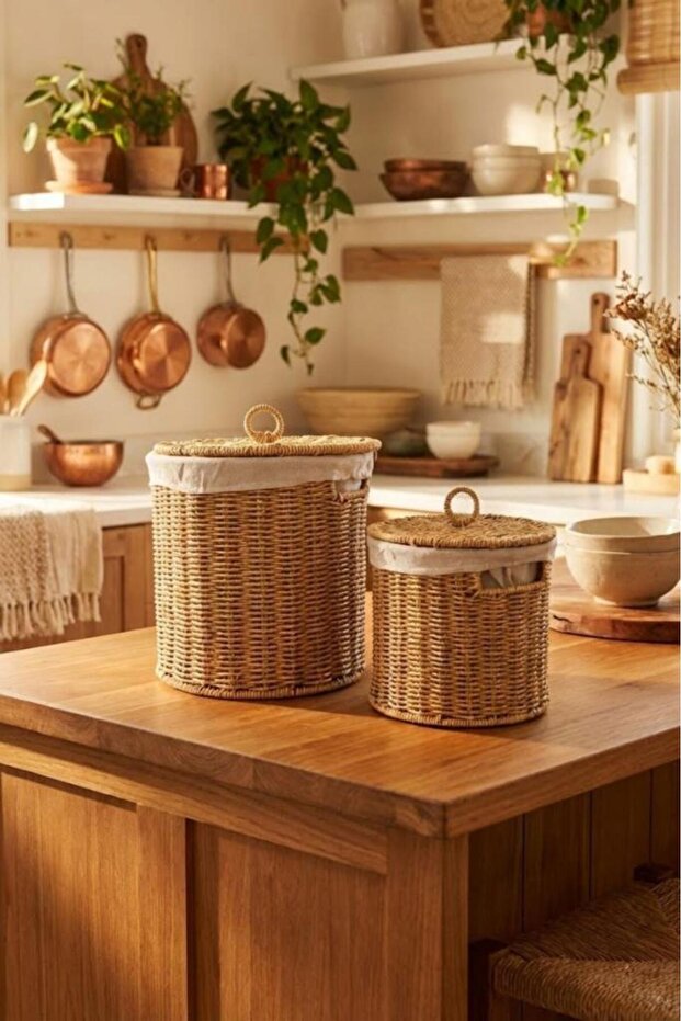 Rattan Wicker Potato, Onion and Bread Storage Basket - Set of 2 with Lid and Fabric Lining
