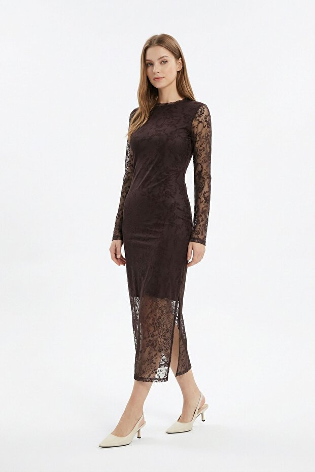Rochie lungă maro tip creion 8517A - 1