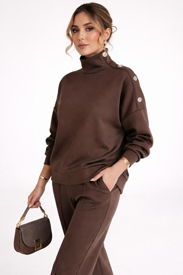 Women's Stand Collar Stone Button Detailed Piping Leg Double Scuba Set
