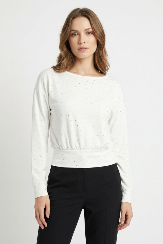 Ecru Boat Neck Blouse with Stone Detail 8364