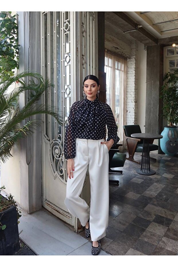Women's Shirt with Scarf Collar, Polka Dot Stylish Chiffon Blouse