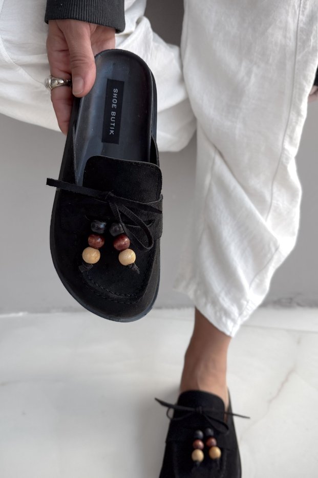 Catalina Black Suede Band and Bead Detailed Women's Slippers