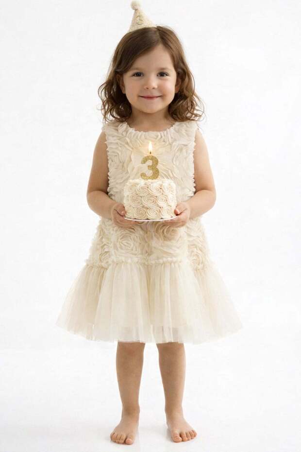 Rose Detailed Girls' Big Bow Dress Cream