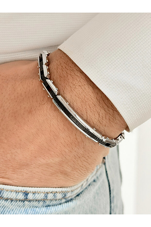 Silver and Black Steel Men's Bracelet Frj10147A-J 2 Year Warranty Gift Wrapped