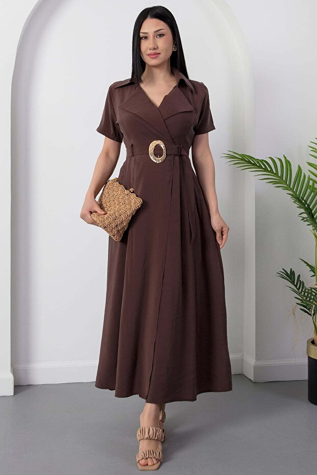 Shirt Collar Buckle Belted Dress Dks1408