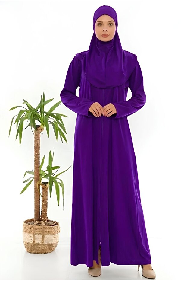 Fermuralı Namaz Elbisesi Ferace Purple