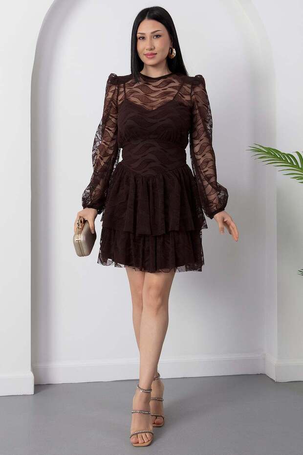 Crew Neck Layered Flocked Tulle Dress Ny3104