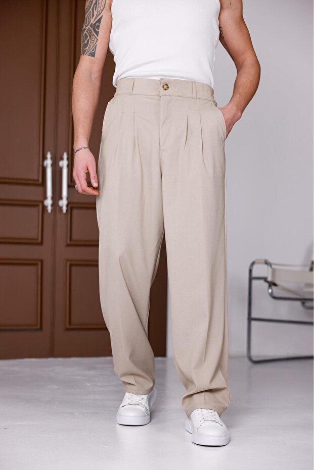 Men's Beige Baggy Fit Relaxed Fit Pleated Fabric Trousers