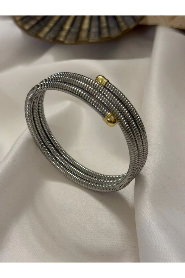 Serrated Plate and Two-Color Detail Cuff Bracelet (Steel)