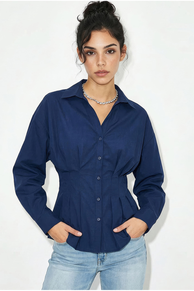 Women's Navy Blue Pleated Waist-Fitted Poplin Shirt 343 60286048