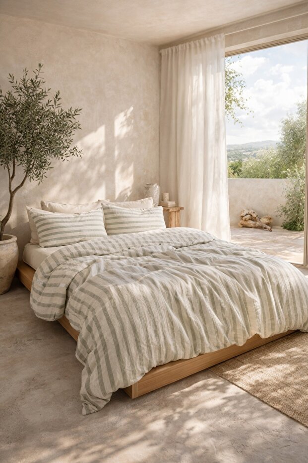 100% Cotton Muslin Duvet Cover Set Single Size Green Striped Elasticated Flat Sheet 160X220 cm