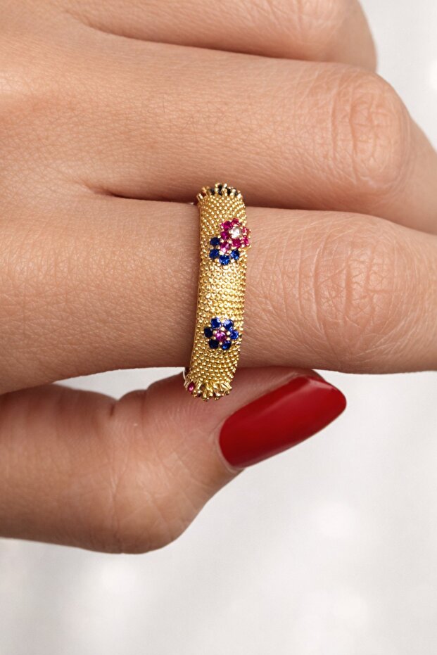 Gold Color Flower Detailed Stone Adjustable Ring