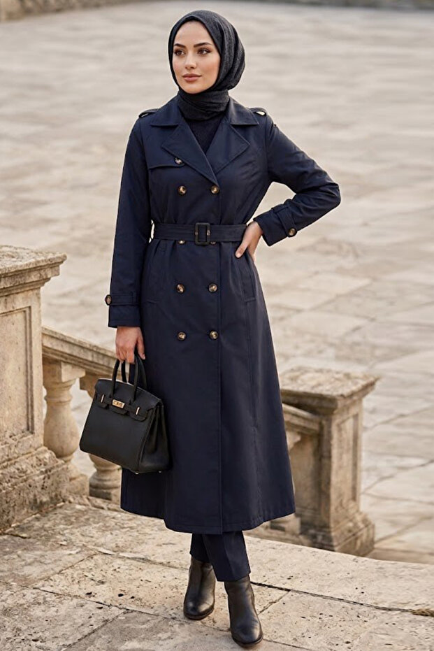 Buttoned Dark Navy Blue Hijab Trench Coat 7261Kl