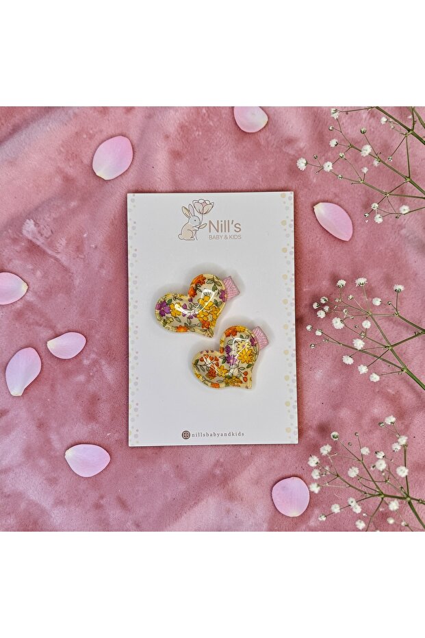Flower Patterned Heart Shaped Clamp Buckle - Yellow 2-Piece Set