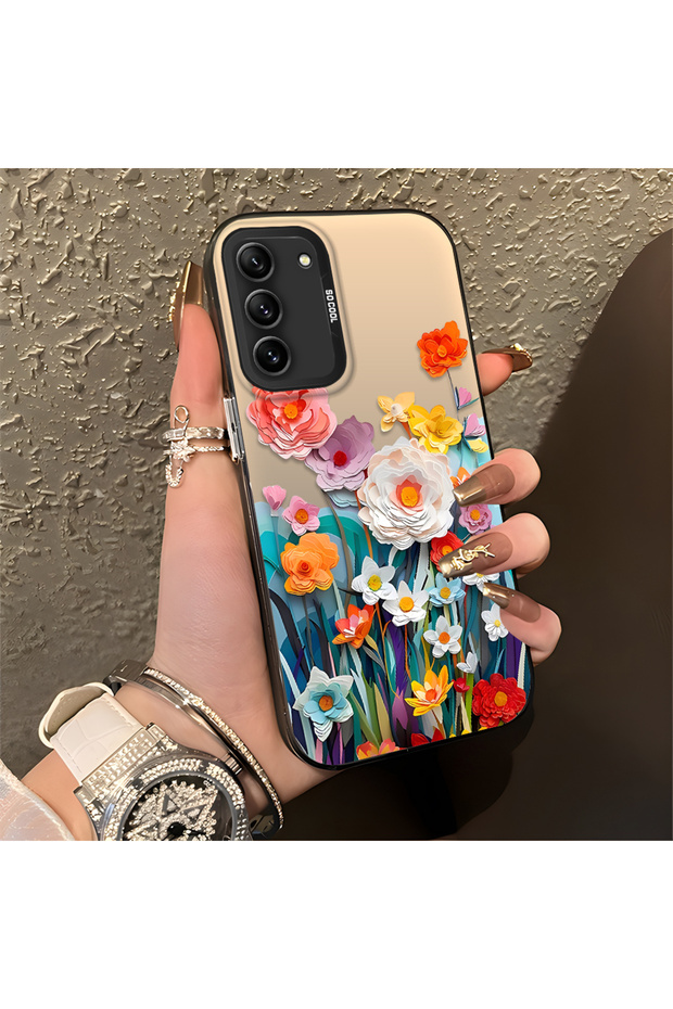 Samsung Galaxy S21 Fe Compatible Silicone Edge Hard Back Anti-Fall Phone Case Flower Pattern