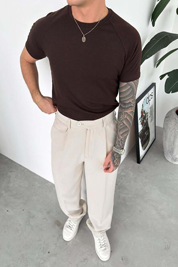 Brown Textured Knitwear T-Shirt
