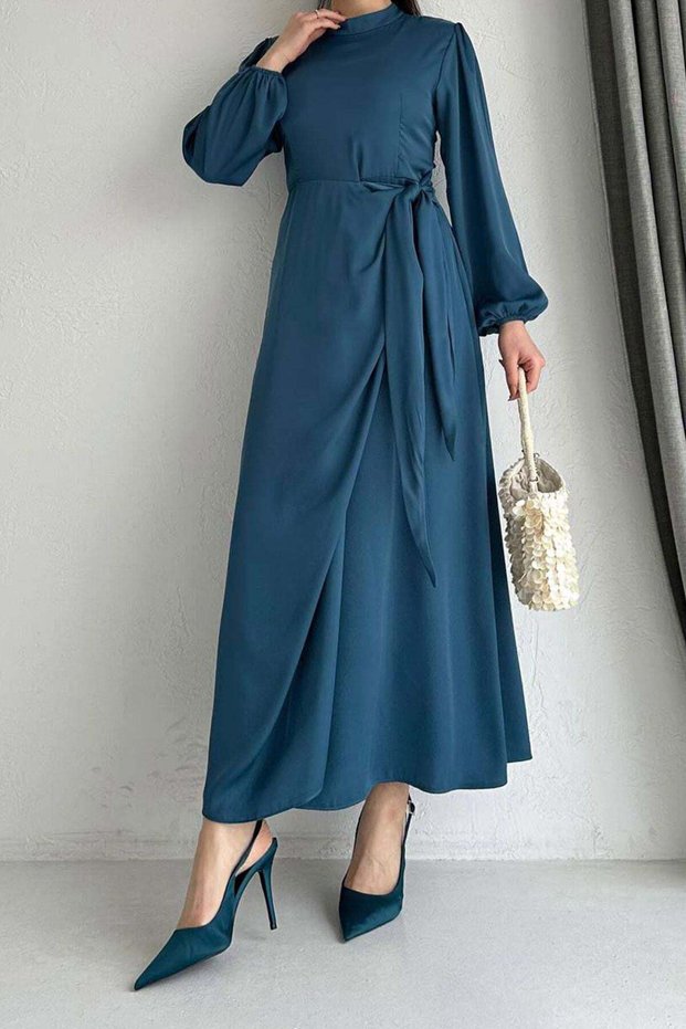 Side Gathered Dress with Elastic Sleeves - Petrol