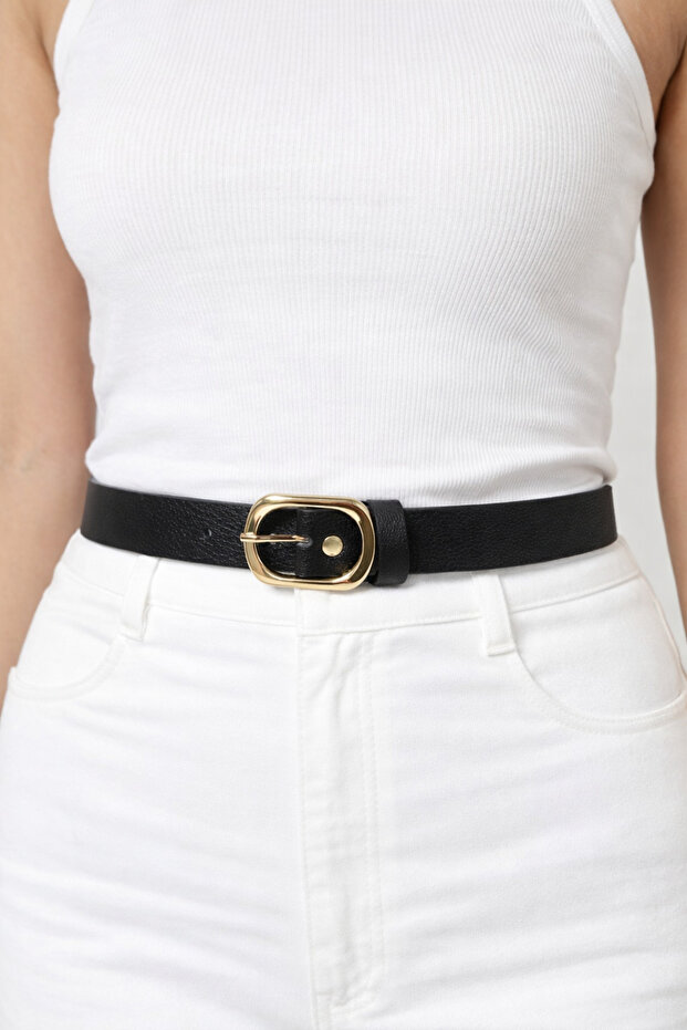 Women's Black Thin Belt – Oval Gold Buckle