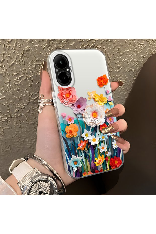 Realme C67 Compatible Silicone Edge Hard Back Anti-Fall Phone Case Flower Pattern