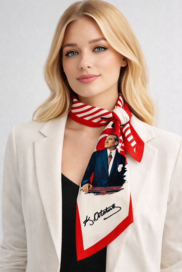 Red and White Stripe Detail Kemal Atatürk Scarf (80cm)