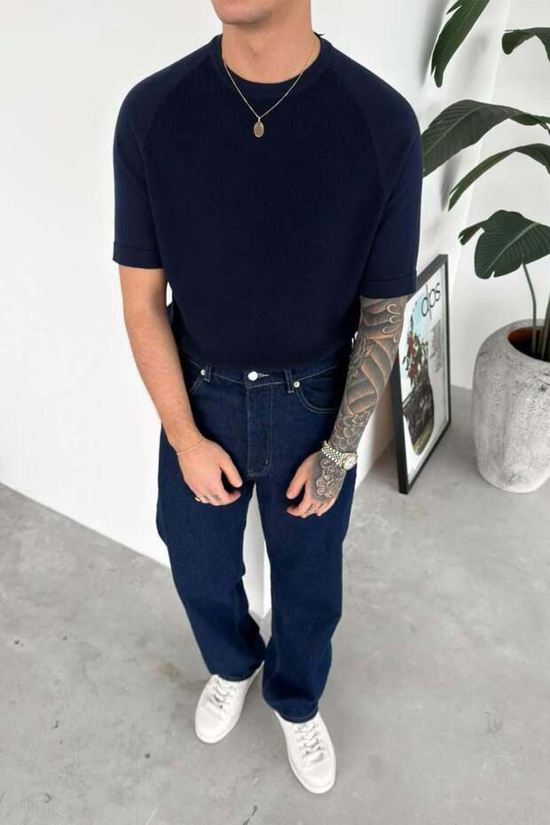 Navy Blue Piece Detail Knitwear Relaxed T-Shirt