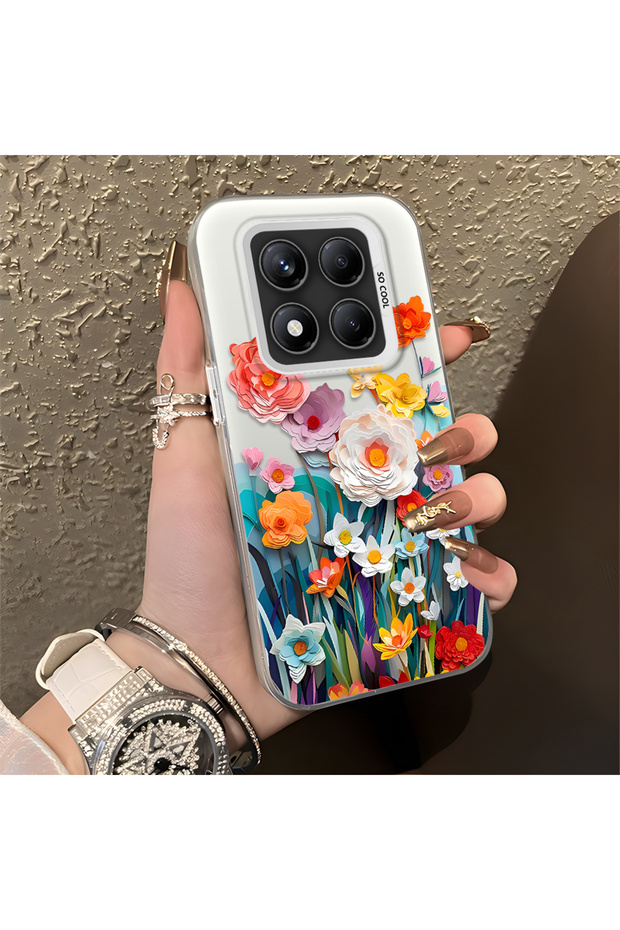 Redmi Note 14 Pro 5g Compatible Silicone Edge Hard Back Anti-Fall Phone Case Flower Pattern