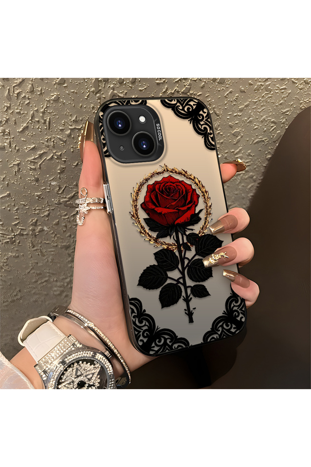 iPhone 15 Compatible Silicone Edge Hard Back Anti-Fall Phone Case Rose Pattern