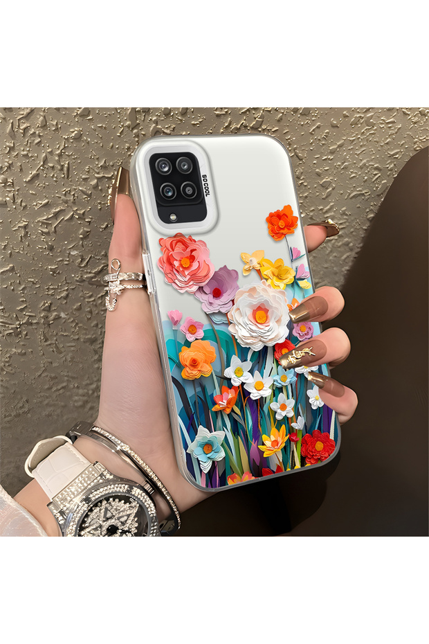 Samsung Galaxy M12 Compatible Silicone Edge Hard Back Anti-Fall Phone Case Flower Pattern