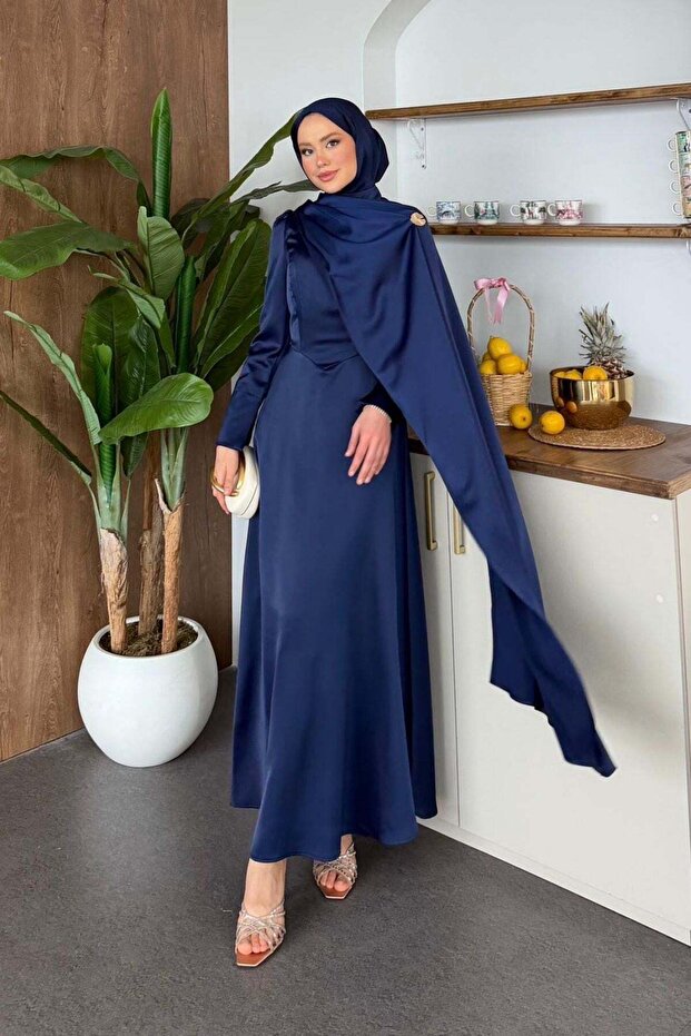 Tailed Satin Evening Dress Navy Blue