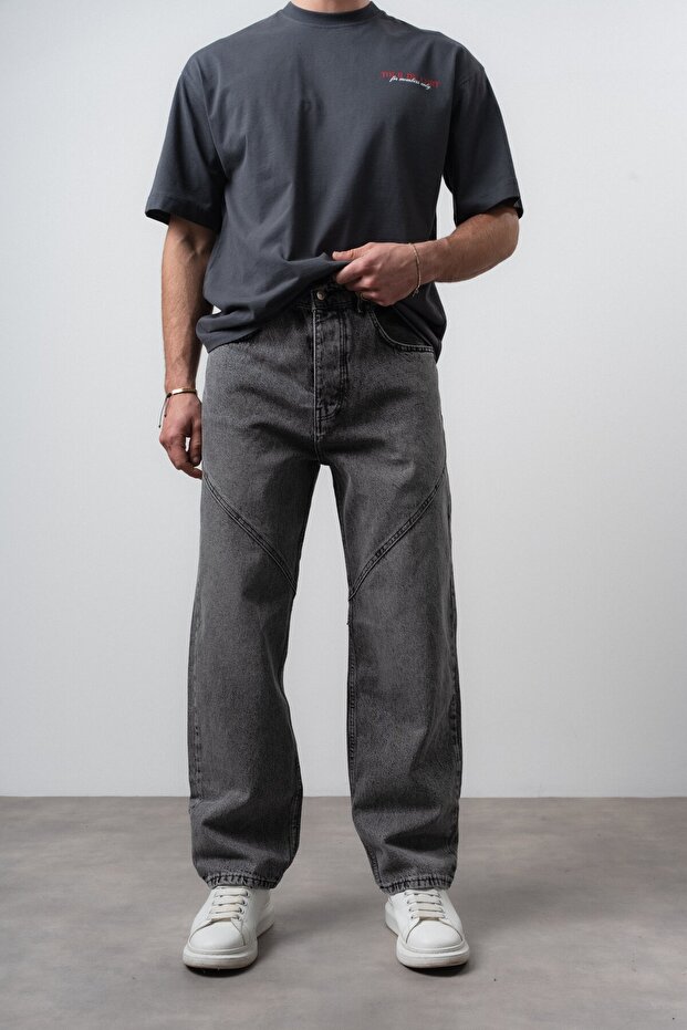 Men's Asymmetrical Stitching Detailed Baggy Jean Anthracite
