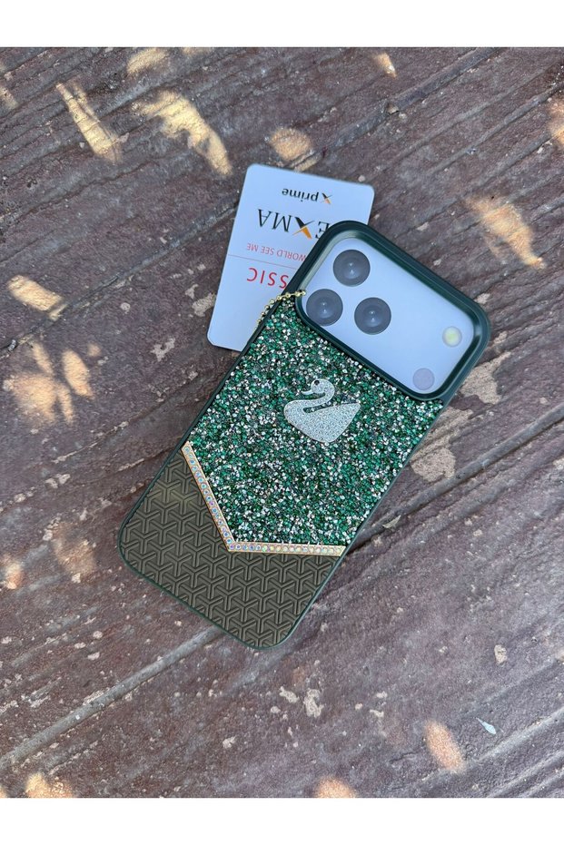 Apple iPhone 18 Pro Max Compatible Green Green Color Swan Pattern Stone Premium Case