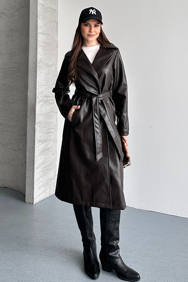 Women's Double-Breasted Collar Long Faux Leather Trench Coat - Belted Brown Leather Coat