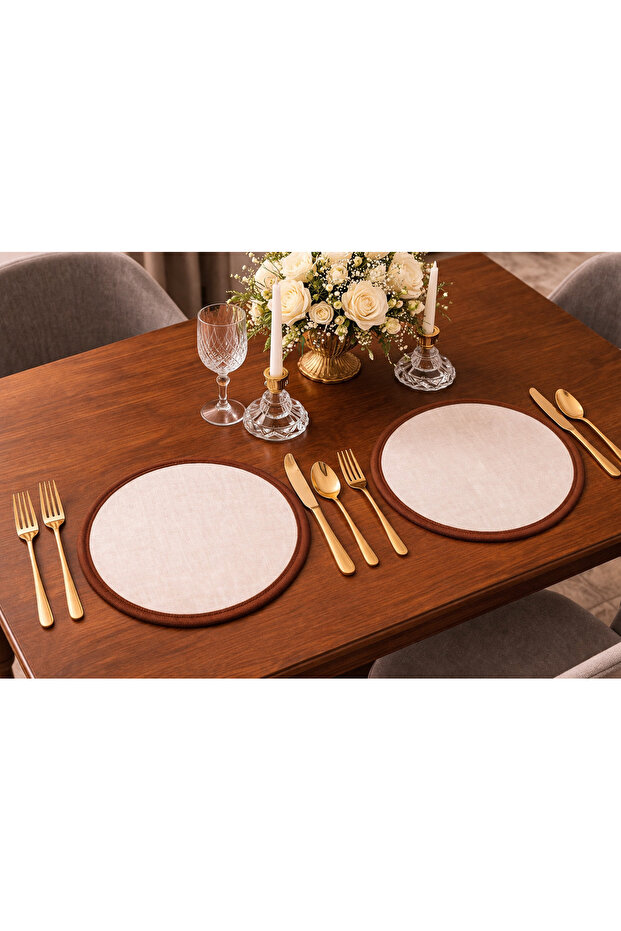 Light Brown Piping Premium Washed Linen Round American Service Set of 2 33cm Diameter