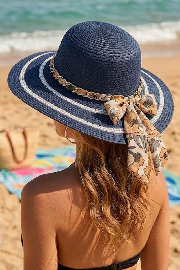 Women's Straw Hat with Bow and Chain Detail for Beach and Sun Protection