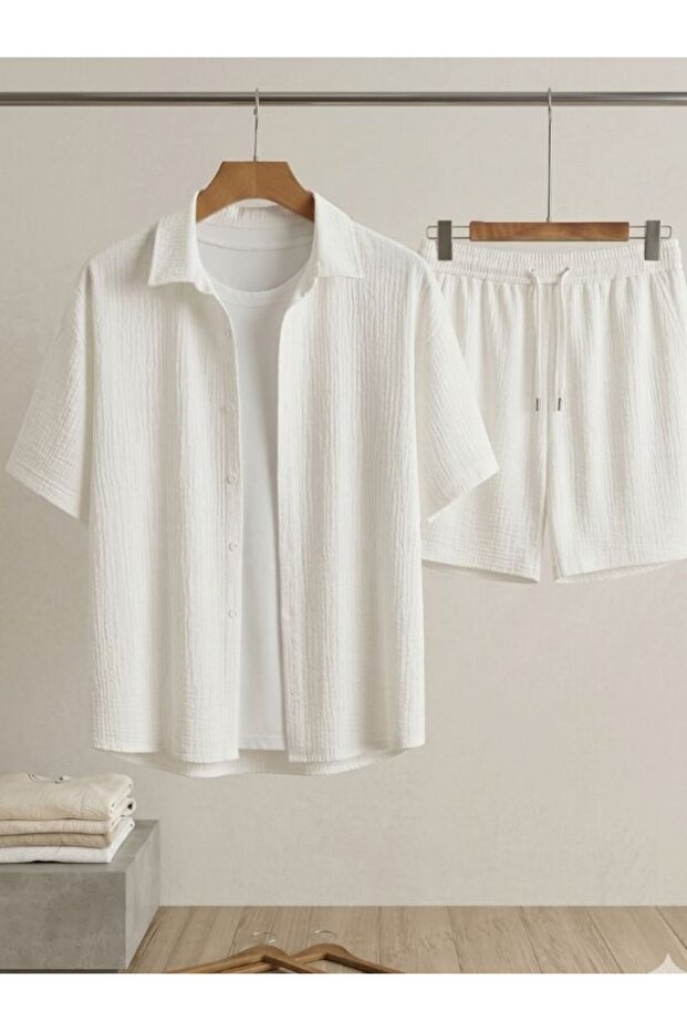 Men's White Wrinkled Short Sleeve Shirt Shorts Bottom Top Set Summer Flexible Comfortable Fit