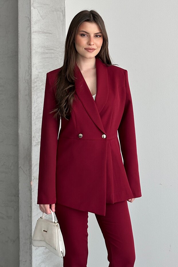 Women's Two-Piece Suit Blazer Jacket Pants - Stylish Burgundy Suit with Button and Pleat Detailing