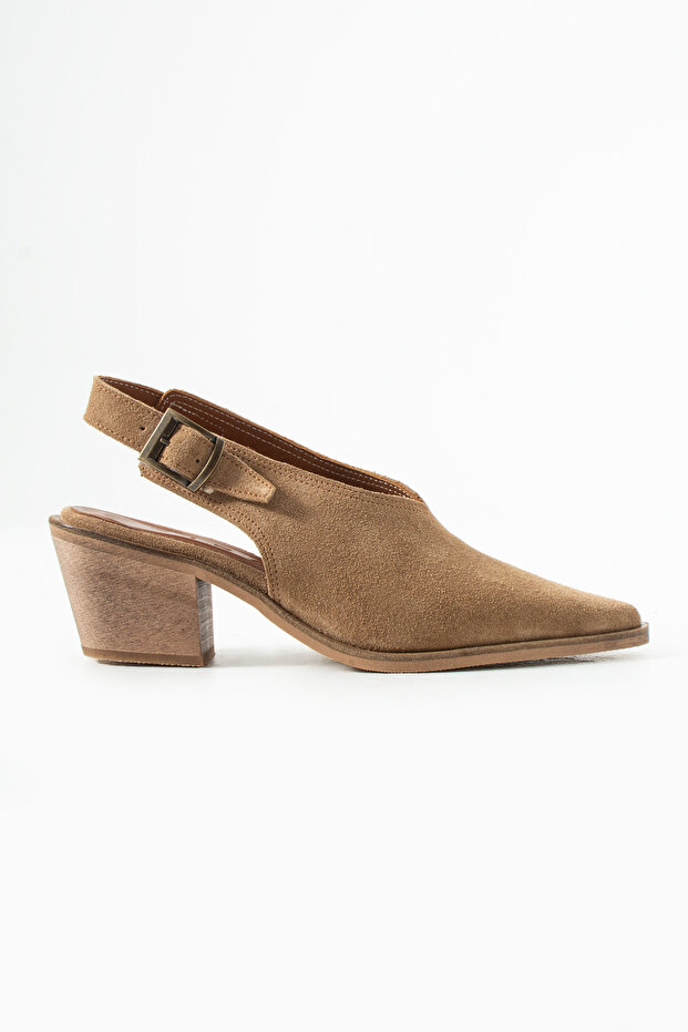 Zelda Mink Suede Genuine Leather Pointed Toe Open Back Thick Heeled Shoes
