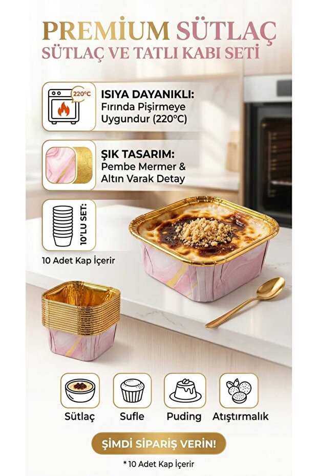Pink Marble Patterned Gold Foil Heat-Resistant 10-Piece Rice Pudding and Dessert Bowl Set 8.5Cmx8.5Cm