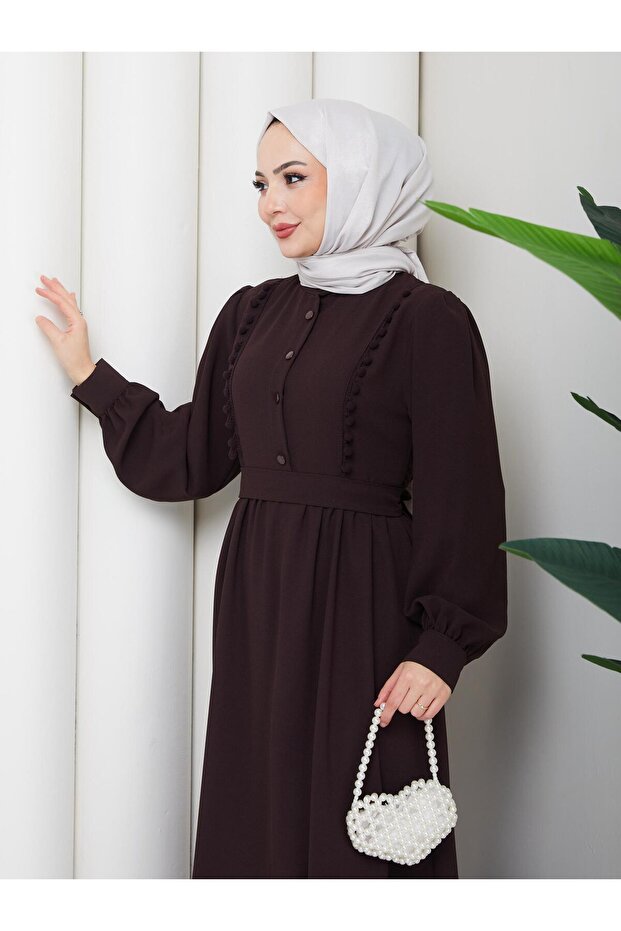 Women's Pompom Detailed High Collar Hijab Dress - Brown