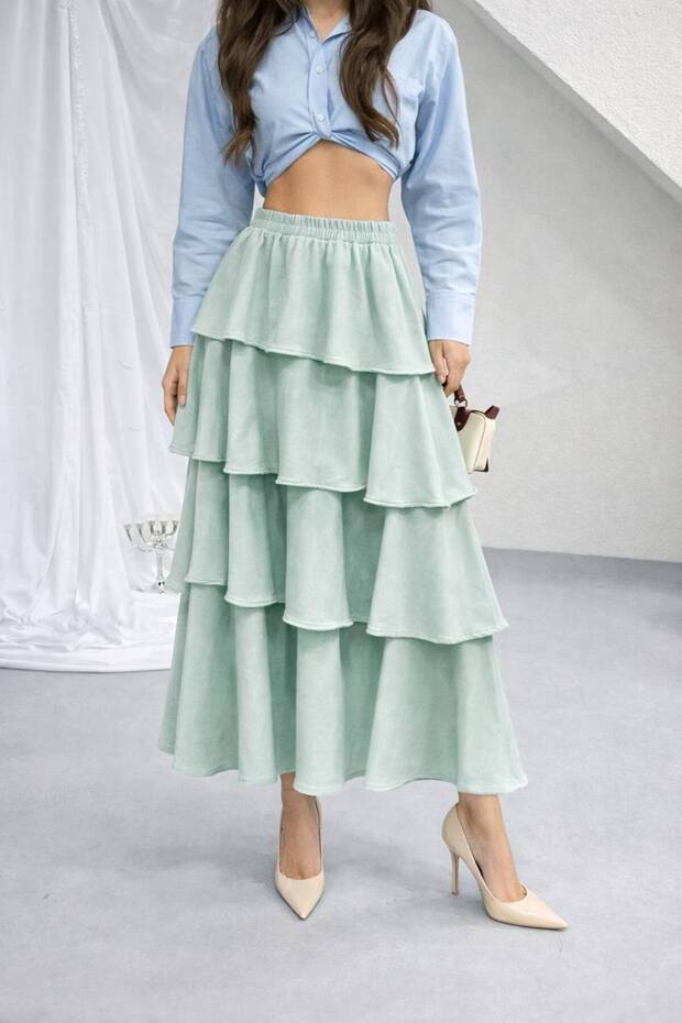 Women's Mint Layered Skirt with Elastic Waist and Lining, Kupra Crepe Skirt 700-3745